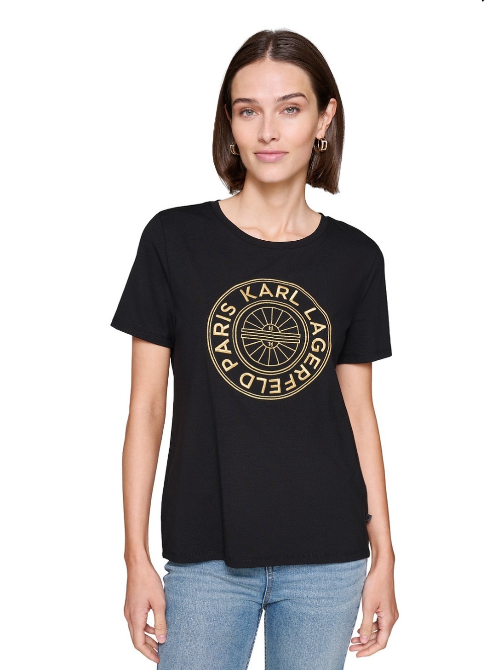 NWT Karl Lagerfeld Sz Large Women’s Black Gold Graphic Logo T-shirt Top Ret $59!